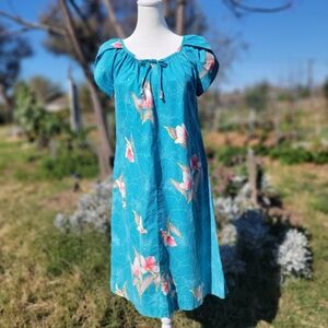 Vintage Hilo Hattie Turquoise Tropical Floral Mini Dress Small